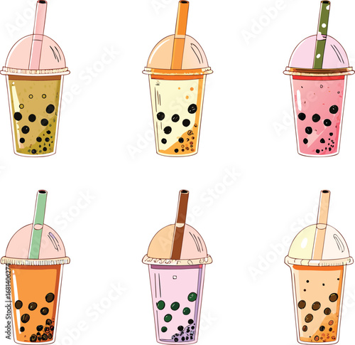 Six colorful boba tea drinks with straws bubble tea