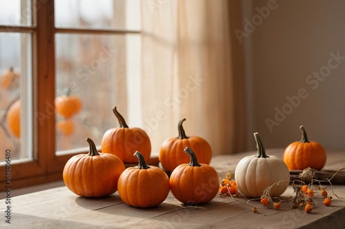 Minimalist Halloween Still Life with Small Orange Pumpkins on Wooden Table
