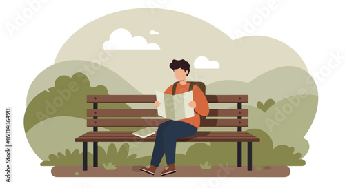 Man reading a map, sitting on park bench in a landscape scenery drawing