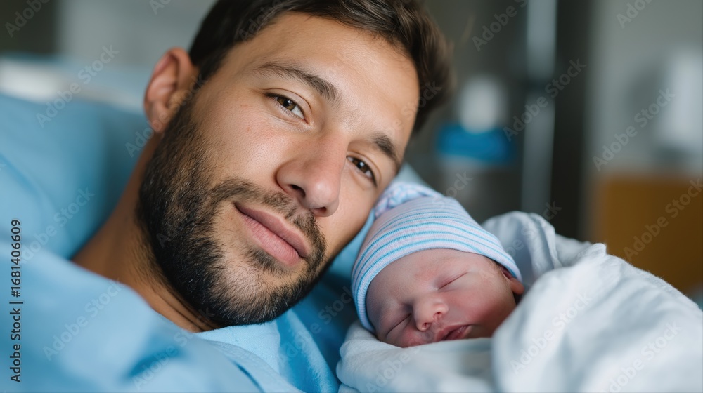 Obraz premium Caucasian young father embracing newborn in hospital setting