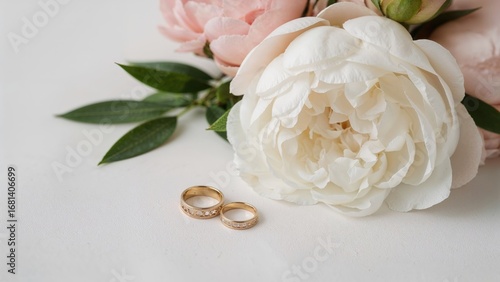 Fototapeta Naklejka Na Ścianę i Meble -  Two wedding bands resting on a white cloth beside a vase of peonies