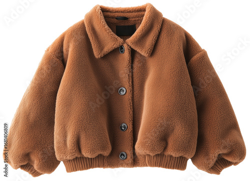 Camel-colored plush jacket with buttons, long sleeves, soft texture, cozy design, isolated on transparent background.