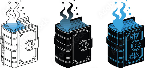 Three magical spellbooks emitting mystical smoke and magic power