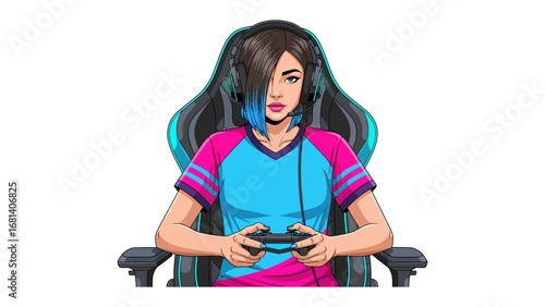 Gamer Girl: Captivating image of a determined gamer girl, headphones on and controller in hand, fully engrossed in her virtual world. Evokes a sense of focus, passion, and the modern gaming culture. 