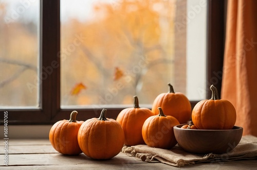 Minimalist Halloween Still Life with Small Orange Pumpkins on Wooden Table