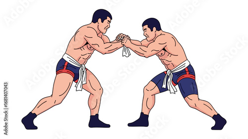 Wrestlers engaged in struggle: Two muscular wrestlers engaged in a fierce competitive struggle in the midst of a combat, embodying strength, focus, and the spirit of sportsmanship.