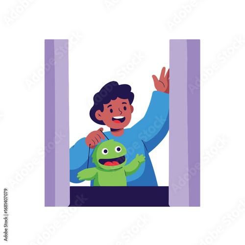 Person Waving With Puppet in Window