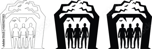 Three people stand under a spooky tree with bats in the shadows