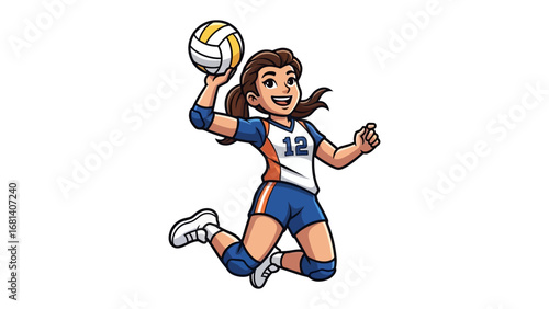 Volleyball Player in Action: A dynamic illustration of a volleyball player in mid-air, poised to serve or spike, exuding energy and focus with vibrant colors and a sense of motion.