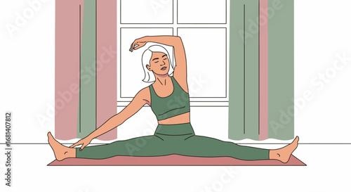 Beautiful young woman practicing yoga in a peaceful indoor setting, seated in a full split stretch on a yoga mat near a large window, illustrating relaxation, flexibility, fitness, and wellness