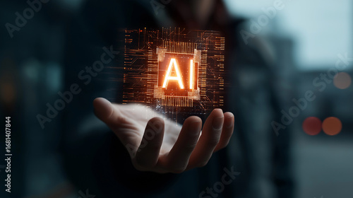 AI Technology in Hand shows the power and reach of AI in modern technology. The concept of the future of human control and integration of advanced digital systems.