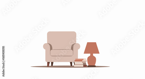 Cozy Modern Living Room Setup with Comfortable Armchair, Side Table, Elegant Table Lamp, and Stack of Classic Books in Warm Neutral Tones for Home Interior Design and Lifestyle Decor