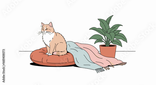 Cute Cat Relaxing on a Soft Cushion Next to a Green Houseplant in a Minimalist Home Interior, Adorable Feline Comfort, Cozy Pet Space, Relaxation and Calm Vibe for Pet Care and Domestic Life Themes