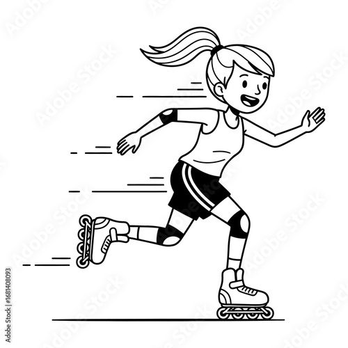 Speedy Rollerblading: A lively illustration captures the essence of speed and freedom as a cheerful girl effortlessly glides on rollerblades.