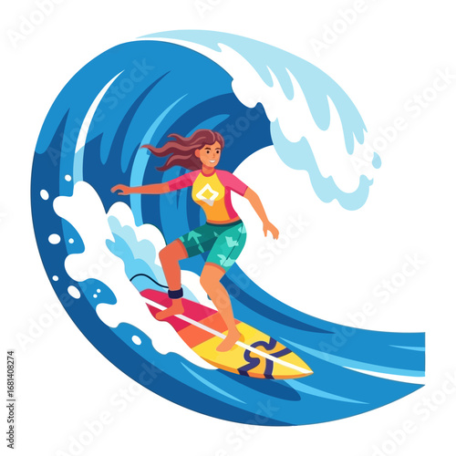 Riding the Wave: A surfer confidently carves through a cresting wave, embodying the thrill of watersports and the vibrant energy of an active lifestyle.