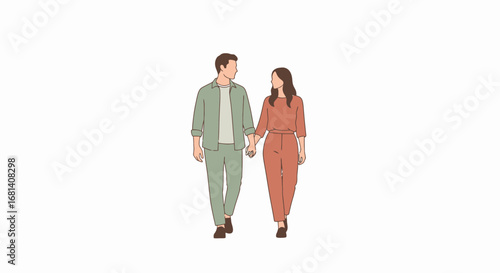 Happy Young Couple Walking Hand in Hand in Casual Clothing, Love and Romance Concept, Modern Lifestyle, Females and Males Bonding, Positive Relationship, Friendly Interaction, Black and White