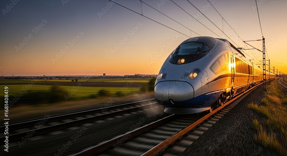 Naklejka premium A high-speed train traveling through a rural landscape at sunset.