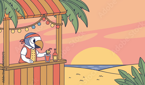 "A parrot bartender making colorful cocktails at a tropical beach bar, sunset lighting, photorealistic and fun vacation stock photo style."