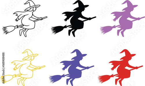 Witch flying on a broomstick in illustration of every colours