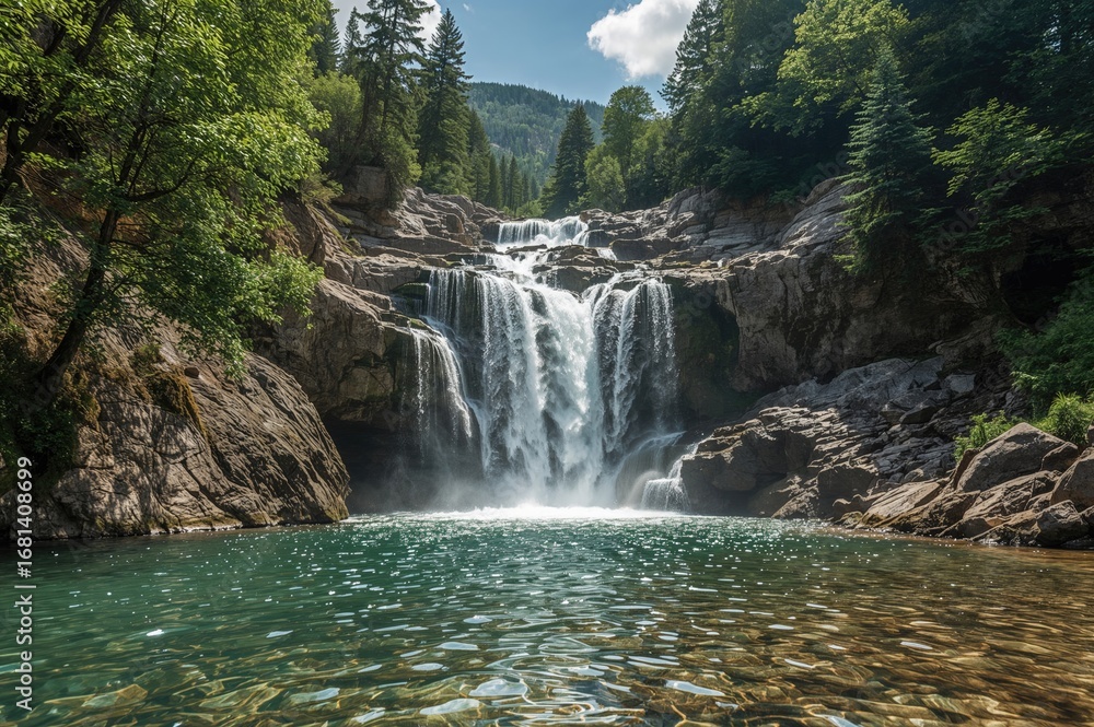 Fototapeta premium Water cascade surrounded by mountain ranges in the Caucasus region