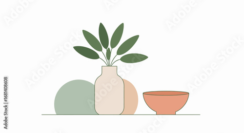 Minimalist Still Life Composition with Green Foliage in a Vase and Ceramic Bowl on a White Background, Modern Home Decor Style for Contemporary Interior Design, Artistic Decoration Idea
