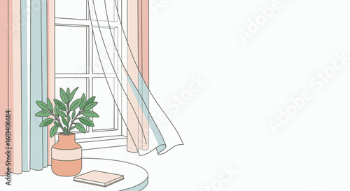 Minimalist Windows Scene with Houseplant in a Pot and Light Curtains, Modern Interior Decoration for Home or Office, Calm and Cozy Atmosphere, Flat Illustration Style