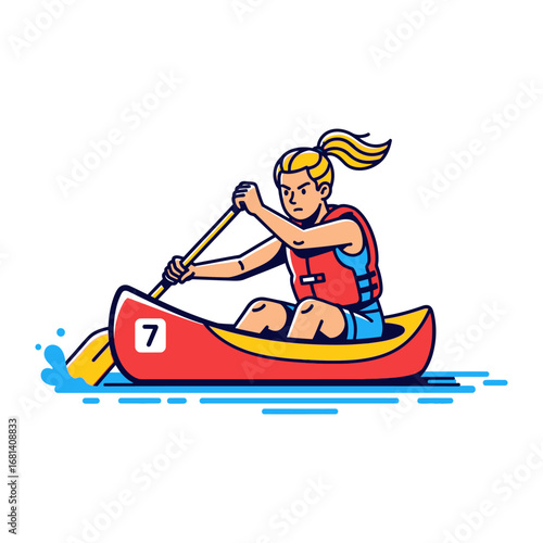 Canoeing Sport Illustration: A determined female canoeist fiercely rows her canoe in a bold vector illustration. Illustrating action and the spirit of competition