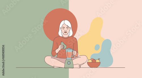 Modern Woman Enjoying Healthy Breakfast with Fresh Fruits and Smoothie in Cozy Home Setting, Lifestyle and Wellness Concept for Healthy Eating, Self-care, and Relaxation
