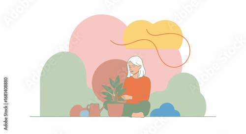 Modern Minimalist Illustration of a Woman Caring for a Houseplant in a Serene Indoor Garden Setting with Soft Pastel Backgrounds for Eco-Friendly Lifestyle, Wellness, and Home Decor Campaigns