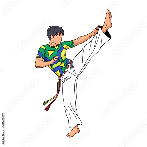 Dynamic Capoeira: An athletic figure in a dynamic stance, performing a high kick as an illustration that encapsulates the fluidity and power of Capoeira.
