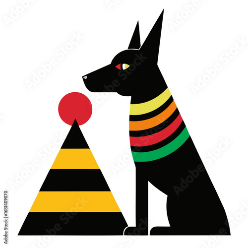 Stylized egyptian anubis deity with pyramid and sun symbol