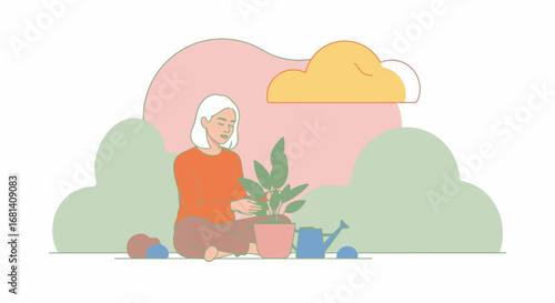 Peaceful Woman Gardening with Potted Plants in an Outdoor Garden Scene, Overcast Sky, Relaxing Nature Setting for Wellness, Environmentalism, and Eco-Friendly Lifestyle Concepts