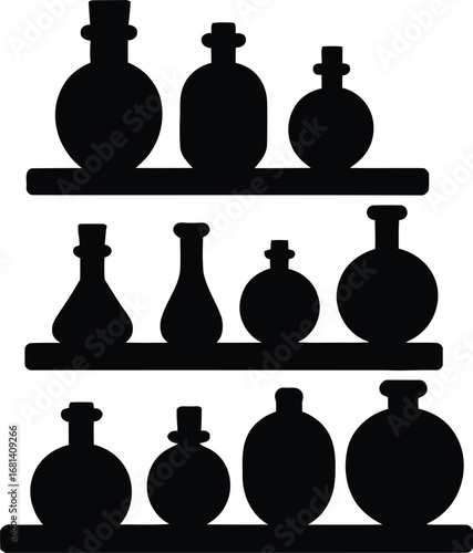 Colorful potion bottles on shelves in a magical fantasy setting
