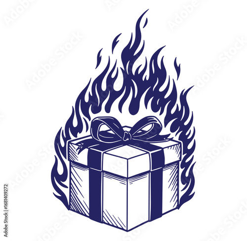 A gift box encircled by flames representing intensity passion or burning desire