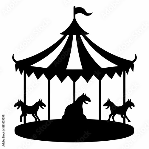 Black silhouette of a carousel with horses under a striped canopy