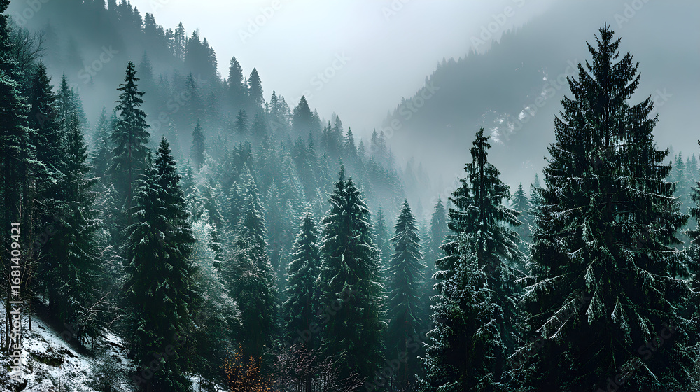 Fototapeta premium Forest scene with evergreen trees and misty mountain backdrop.