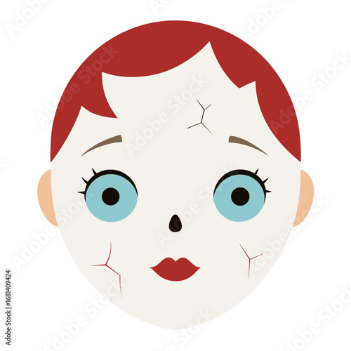 Creepy cracked porcelain doll face with blue eyes and red hair