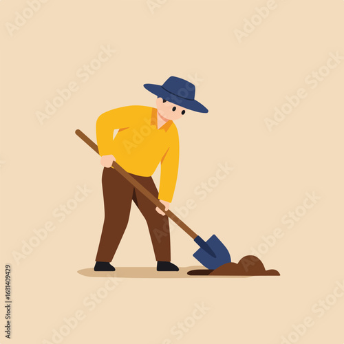 Man Digging Soil with Shovel on Land