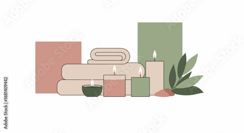 Relaxing Spa and Wellness Scene with Candles and Greenery, Cozy Home Decor for Stress Relief, Meditation, and Self-Care, Perfect for Spa Center, Wellness Retreat, or Lifestyle Advertisement