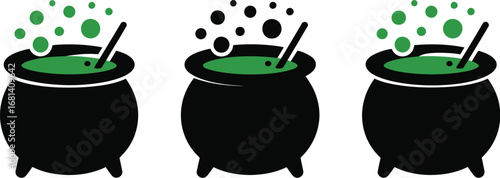Three cauldrons bubbling with green potion for halloween night