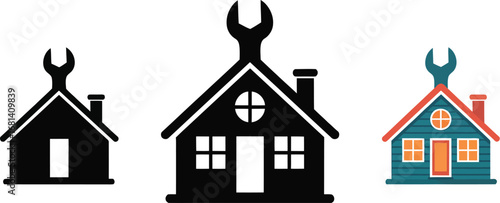 Home repair service logo with wrench on house roof concept