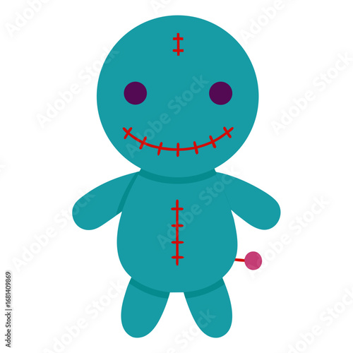 Teal voodoo doll with red stitches and pin