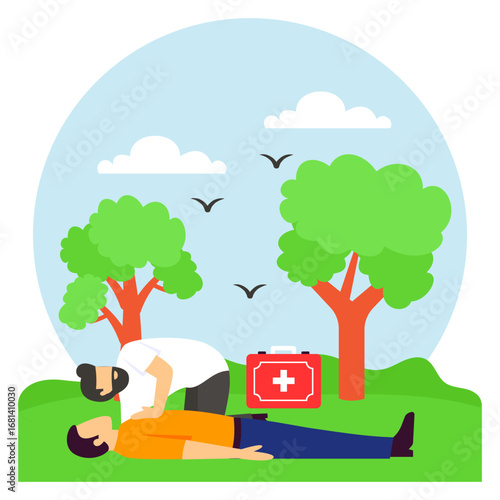 doctor wearing stethoscope and carrying kit at park concept, Healthcare Beyond Hospitals scene vector design, first aid people scene, Medical emergency banner, Saving Lives services illustration