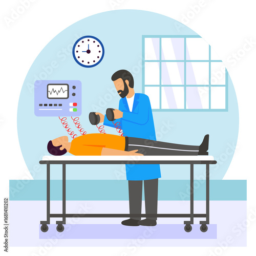 patient lying on hospital bed connected to monitoring equipment concept, intensive care treatment vector design, first aid people scene, Medical emergency footage Saving Lives service illustration