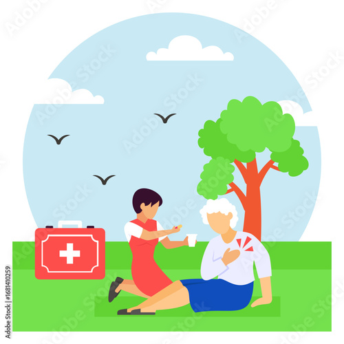 elderly person experiencing cardiac distress concept, aged woman with heart attack symptoms vector design, first aid people scene, Medical emergency banner, Saving Lives service illustration