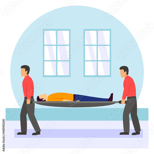 rescue team carrying roadside accident victim concept, how to lift and transfer injured patient vector design, first aid people scene, Medical emergency banner, Saving Live services illustration
