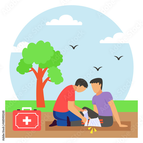 injured person receiving bandage Outdoors concept, person slip and fall got fractured Lower Limb vector design, first aid people scene,Medical emergency banner, Saving Lives service illustration