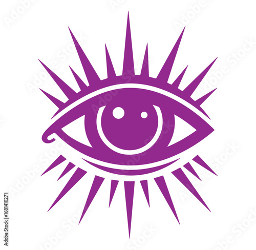Artistic illustration of a purple eye with rays shining outward on a white background