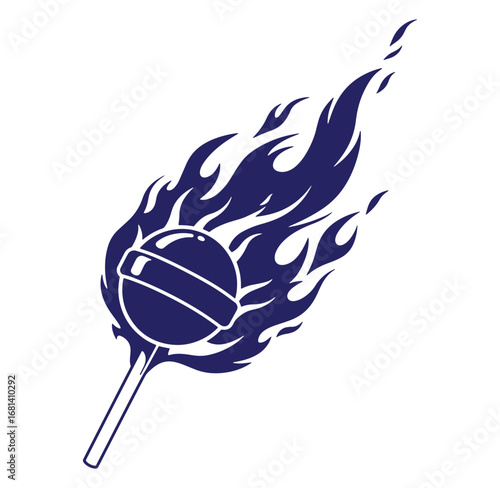 Blue burning lollipop illustration against a white background representing speed and deliciousness