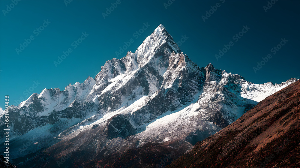 Obraz premium A snow-capped mountain peak rises against a clear blue sky.